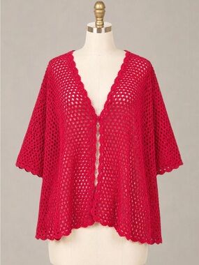Open-Knit Red Crochet Cardigan Sweater
